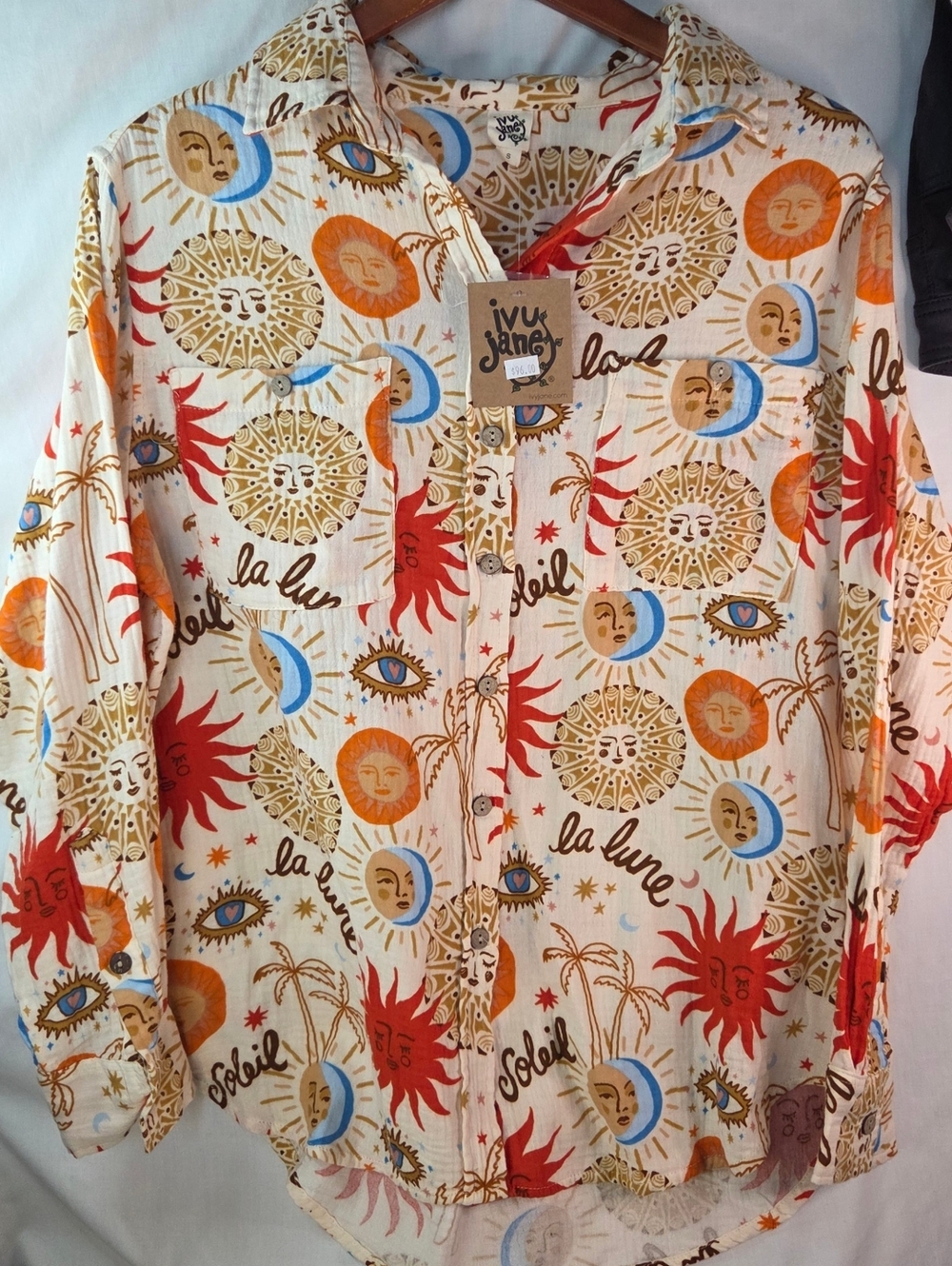 Ivy Jane Celestial Sun Moon Shirt Womens Sz Small Boho Hippie  100% Cotton NWT